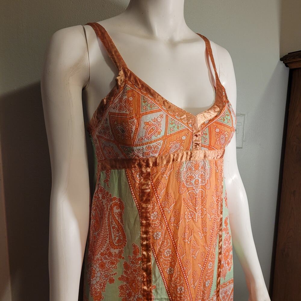 Chaudry Patchwork Midi Dress Small Boho Festival Flowy Ruffle Hem Orange - Picture 4 of 13